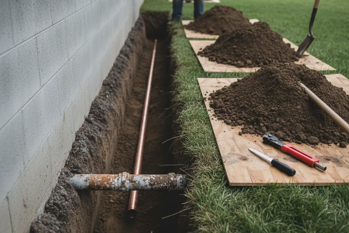 Excavated water line trench during Water Heater Repair in Greenfield Park